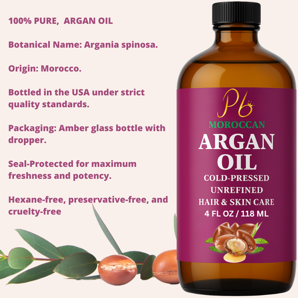 Argan Oil – 100% Pure Moroccan Argan Oil for Hair | Cold-Pressed, Unrefined & Hexane-Free | Natural Moisturizer for Dry Hair, Skin & Face | Carrier & Massage Oil, Glass Bottle 4 fl oz
