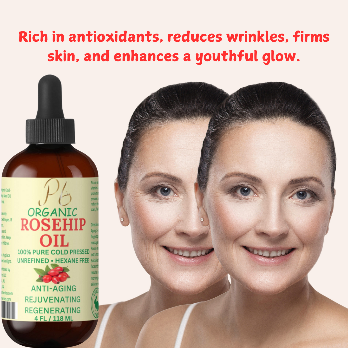Organic Rosehip Oil for Face & Skin – 4 fl oz | Cold-Pressed Rose Hip Seed Oil | Anti-Aging Facial Oil | Reduces Wrinkles | Rich in Vitamin C, Retinol & Fatty Acids | Glass Bottle