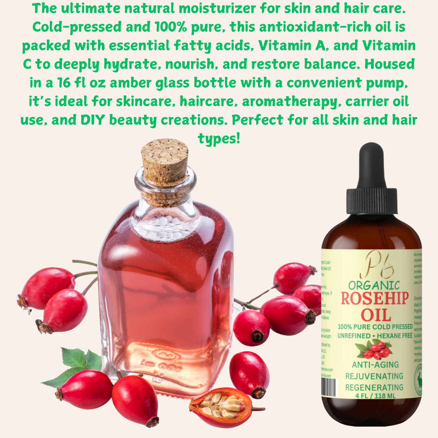 Organic Rosehip Oil for Face & Skin – 4 fl oz | Cold-Pressed Rose Hip Seed Oil | Anti-Aging Facial Oil | Reduces Wrinkles | Rich in Vitamin C, Retinol & Fatty Acids | Glass Bottle