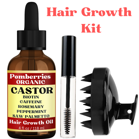 Pomberries Organic Castor Oil with Rosemary, Mint, Caffeine, and Saw Palmetto Scalp & Hair Oil, Treatment, Stimulate Growth for Eyebrows & Hair, Reduce Hair Loss, Revitalize & Strengthen, 4 fl oz( with Scalp Massager)