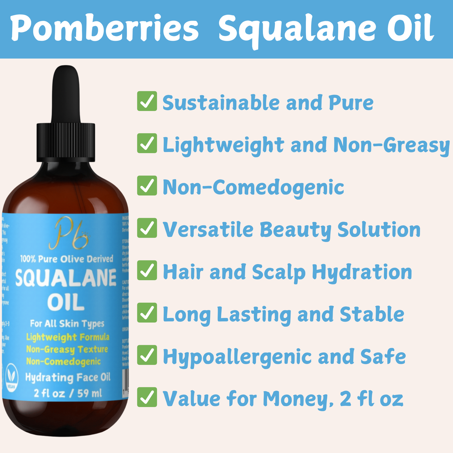 Squalane Oil Derived from Organic Olives, Moisturizer for Face, Skin & Hair, Face Oil, Anti-Aging, Plumping, Firming, Natural Body Oil, Squalne Oil for Face, Vegan 2 fl oz ( MADE IN USA )