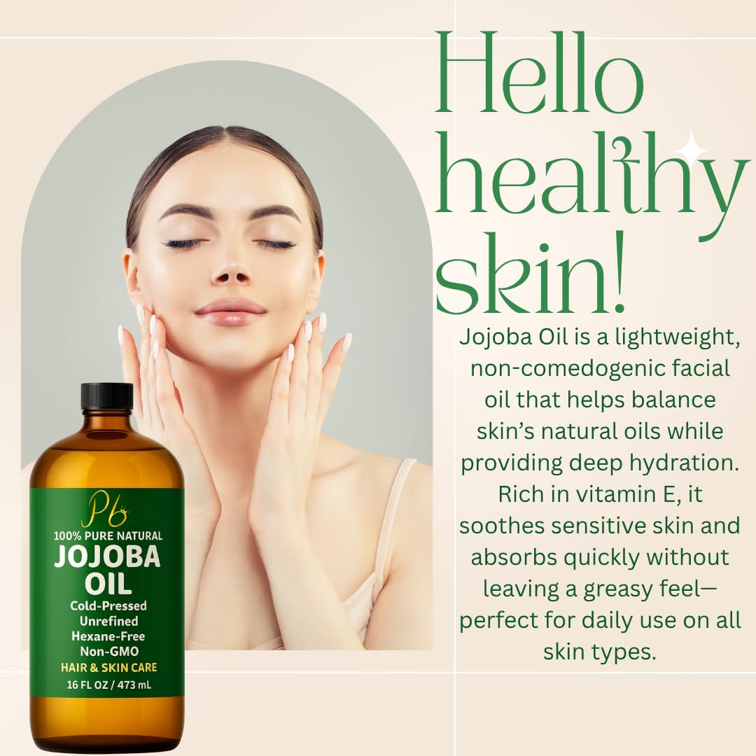 Jojoba Oil – 16 fl oz Glass Bottle with Pump – Cold-Pressed, Unrefined & Hexane-Free Jojoba Oil for Hair, Skin & Face – Natural Moisturizer & Lightweight Carrier Oil for Essential Oils & Massage