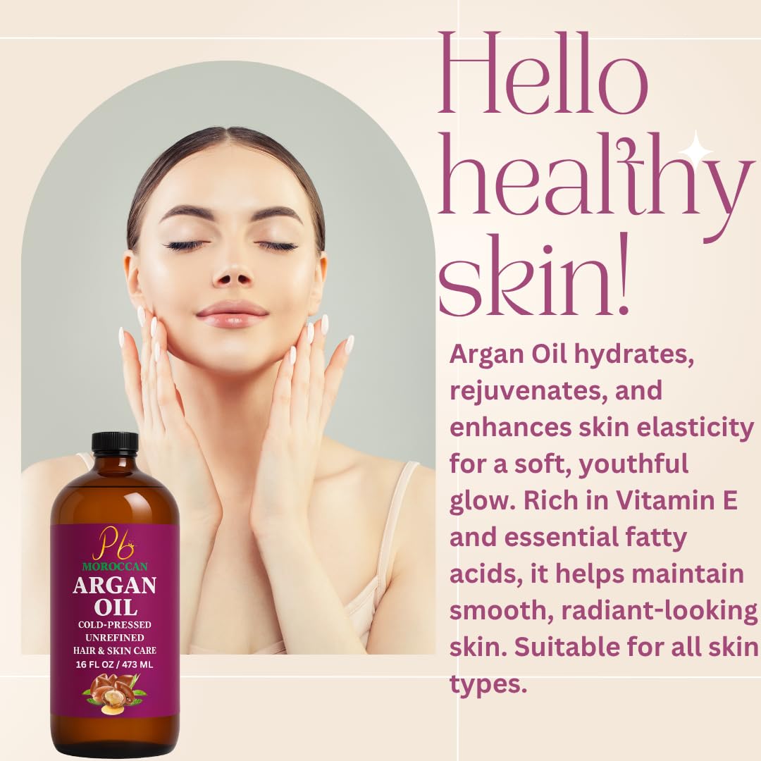 Argan Oil – 16 fl oz Glass Bottle with Pump | Argan Oil for Hair, 100% Pure Moroccan Cold-Pressed & Unrefined | Face & Skin Moisturizer, Nail & Cuticle Care, Carrier & Massage Oil