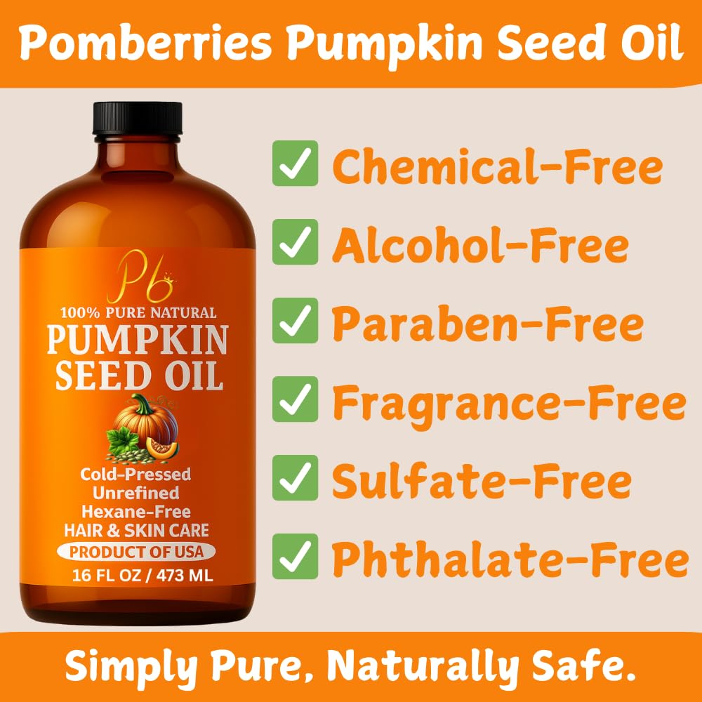 Pumpkin Seed Oil – Cold-Pressed & 100% Pure, Unrefined Pumpkin Oil for Hair Growth, Dry Skin & Face – Natural Anti-Aging Moisturizer & Hair Oil for Dry, Damaged Hair – Glass Bottle with Pump, 16 fl oz