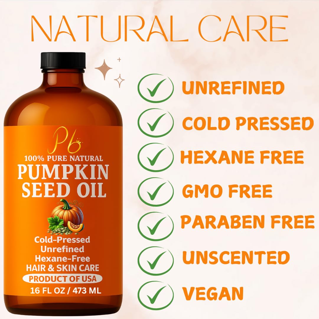Pumpkin Seed Oil – Cold-Pressed & 100% Pure, Unrefined Pumpkin Oil for Hair Growth, Dry Skin & Face – Natural Anti-Aging Moisturizer & Hair Oil for Dry, Damaged Hair – Glass Bottle with Pump, 16 fl oz