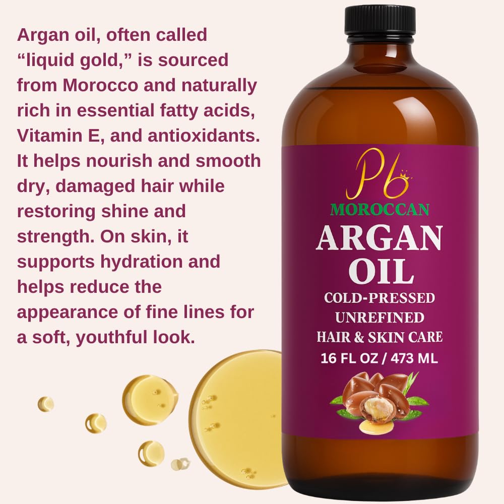 Argan Oil – 16 fl oz Glass Bottle with Pump | Argan Oil for Hair, 100% Pure Moroccan Cold-Pressed & Unrefined | Face & Skin Moisturizer, Nail & Cuticle Care, Carrier & Massage Oil