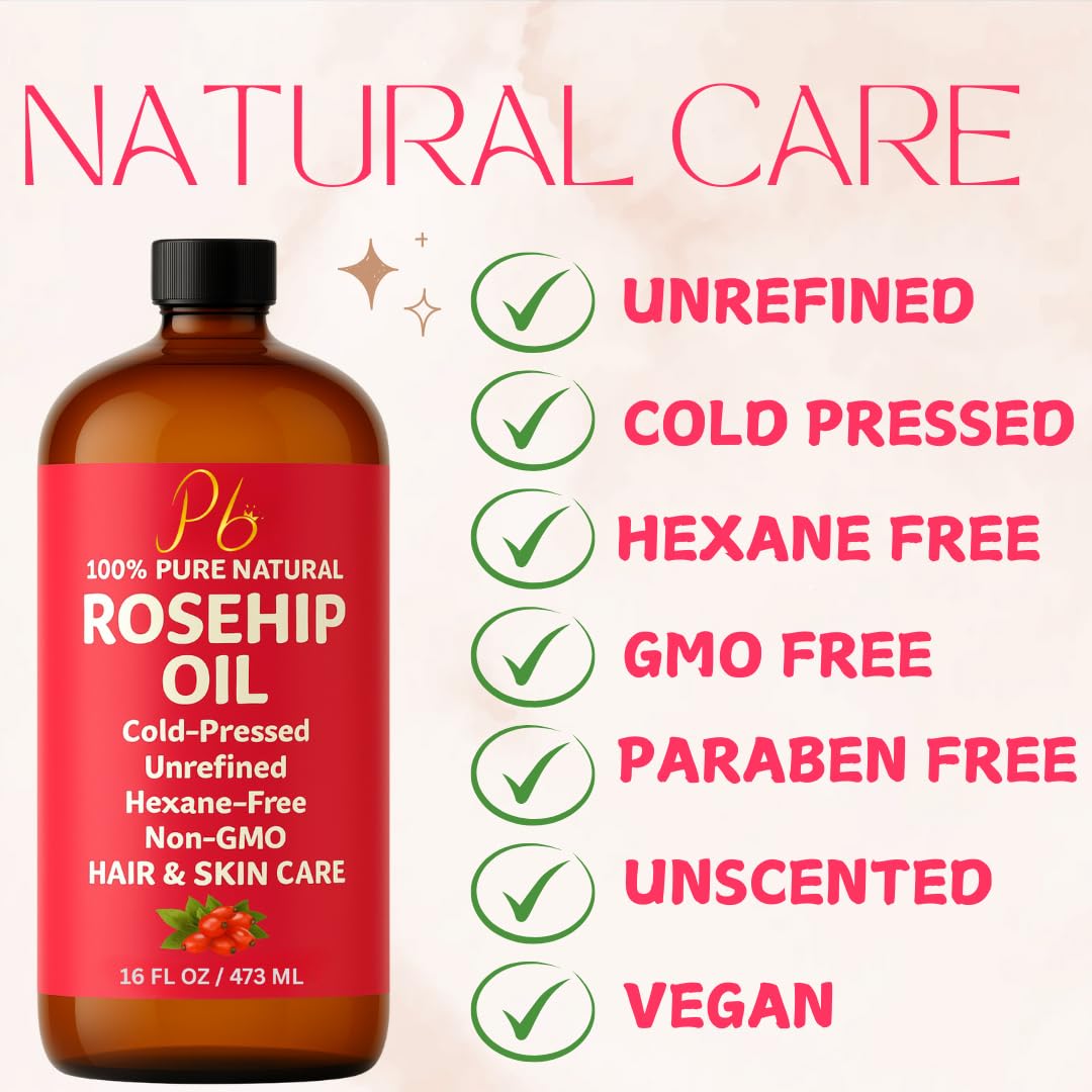 Rosehip Oil – 16 fl oz Glass Bottle with Pump – Cold-Pressed & Unrefined, Rosehip Oil for Face, Skin & Hair – Natural Moisturizer for Scars, Wrinkles, Stretch Marks & Gua Sha Massage
