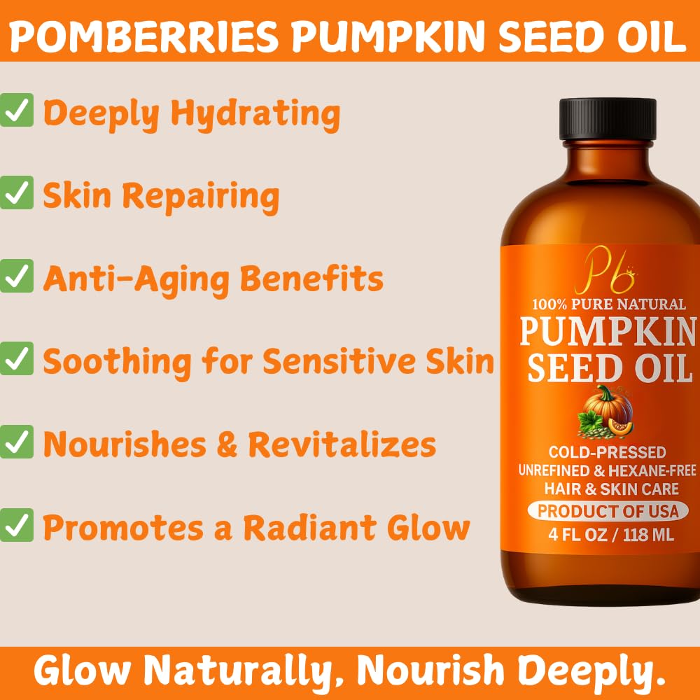 Pumpkin Seed Oil – Cold-Pressed & 100% Pure, Unrefined, Pumpkin Oil for Hair Growth, Dry Skin & Face – Natural Anti-Aging Moisturizer & Hair Oil for Dry, Damaged Hair – Glass Bottle, 4 fl oz