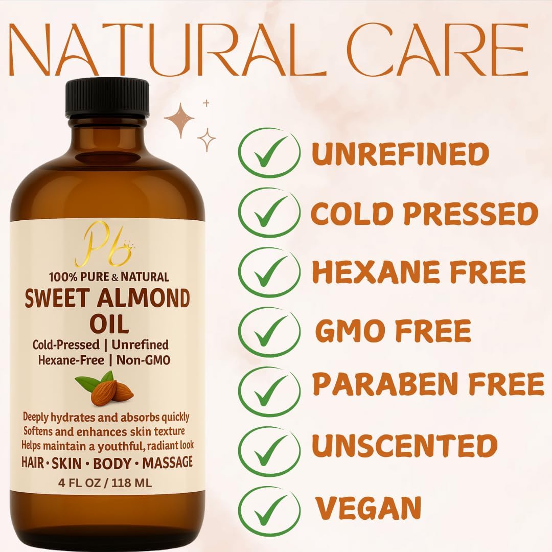 Almond Oil – 4 fl oz | 100% Pure, Cold-Pressed, Unrefined & Hexane-Free | Sweet Almond Carrier Oil for Skin, Face & Hair | Lightweight Moisturizer & Massage Oil for Daily Beauty & Self-Care