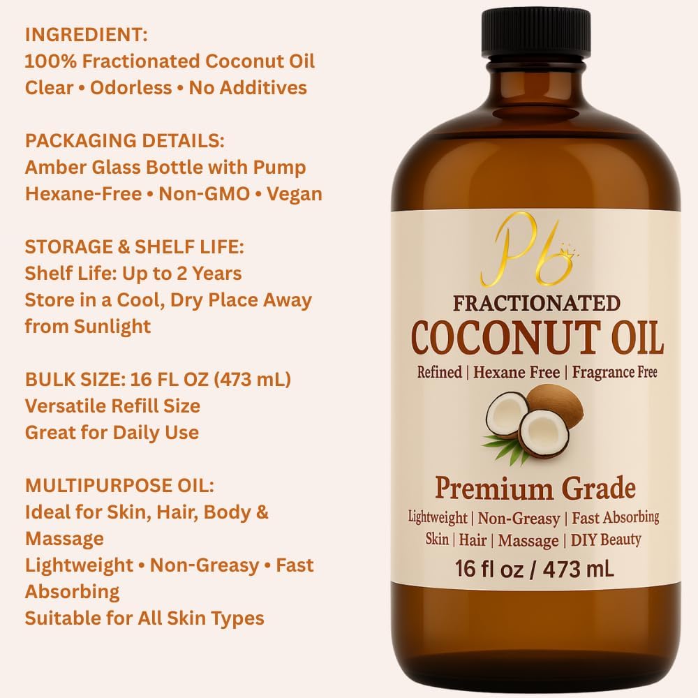 Fractionated Coconut Oil – 16 fl oz Glass Bottle with Pump | 100% Pure & Natural, Lightweight Cold-Pressed Carrier Oil for Skin, Hair & Body | Massage, Aromatherapy & DIY Skincare