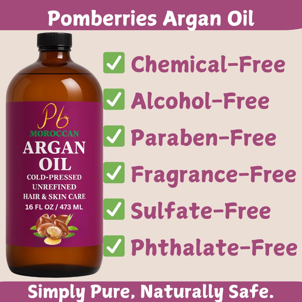 Argan Oil – 16 fl oz Glass Bottle with Pump | Argan Oil for Hair, 100% Pure Moroccan Cold-Pressed & Unrefined | Face & Skin Moisturizer, Nail & Cuticle Care, Carrier & Massage Oil