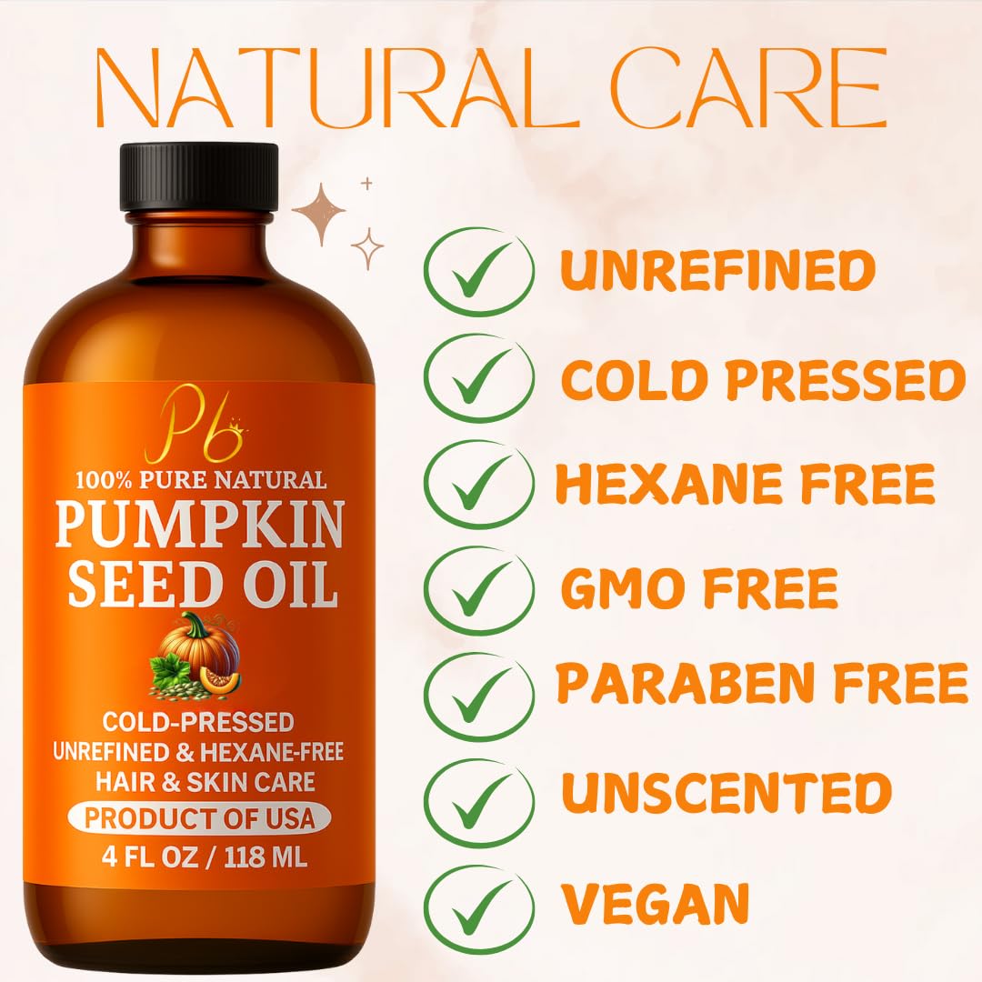 Pumpkin Seed Oil – Cold-Pressed & 100% Pure, Unrefined, Pumpkin Oil for Hair Growth, Dry Skin & Face – Natural Anti-Aging Moisturizer & Hair Oil for Dry, Damaged Hair – Glass Bottle, 4 fl oz