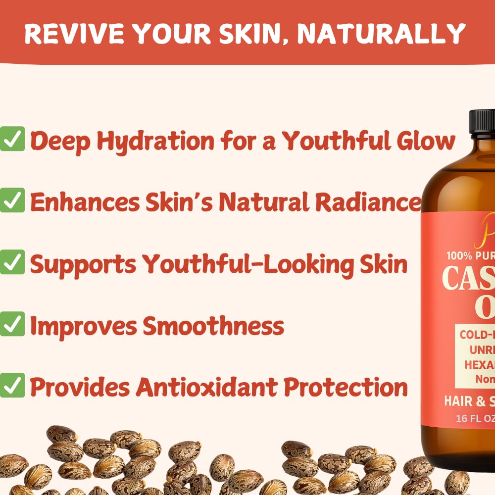 Castor Oil – 16 fl oz Glass Bottle with Pump | 100% Pure, Cold-Pressed, Unrefined, Hair Growth Oil, Eyelash & Eyebrow Serum, Skin & Scalp Moisturizer, Carrier Oil & Castor Oil Pack Wraps
