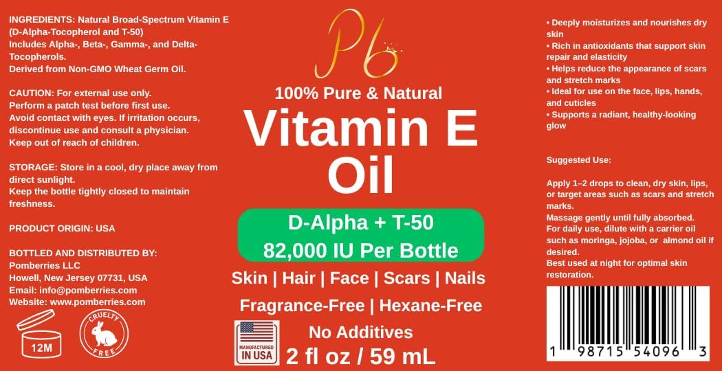 Vitamin E Oil – 82,000 IU | Broad-Spectrum Tocopherols (D-Alpha, Gamma, Beta, Delta) | Scar, Stretch Mark & Dry Skin Care | Face, Hair, Body & Massage – 2 fl oz Glass Bottle, Made in USA