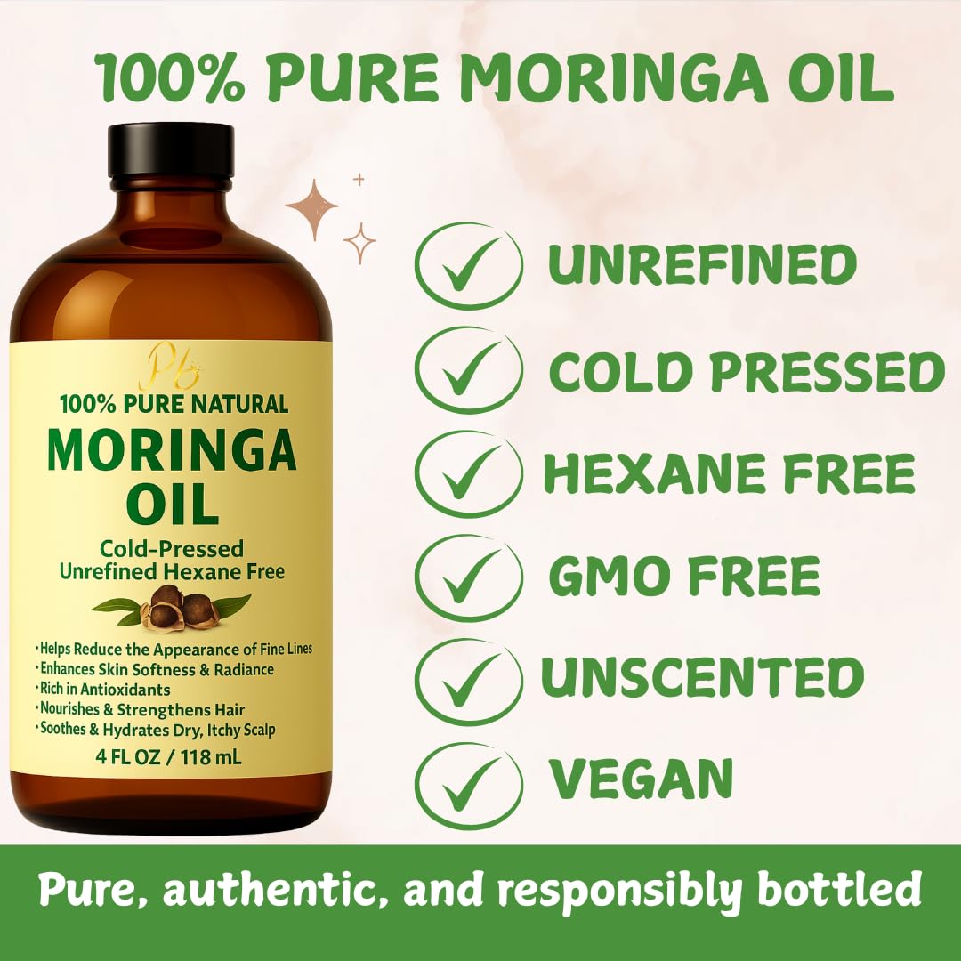 Moringa Oil – 100% Pure, Cold-Pressed & Unrefined – Moringa Seed Oil for Face, Skin, Hair & Body – Hydrating, Anti-Aging Moisturizer – 4 fl oz Amber Glass Bottle