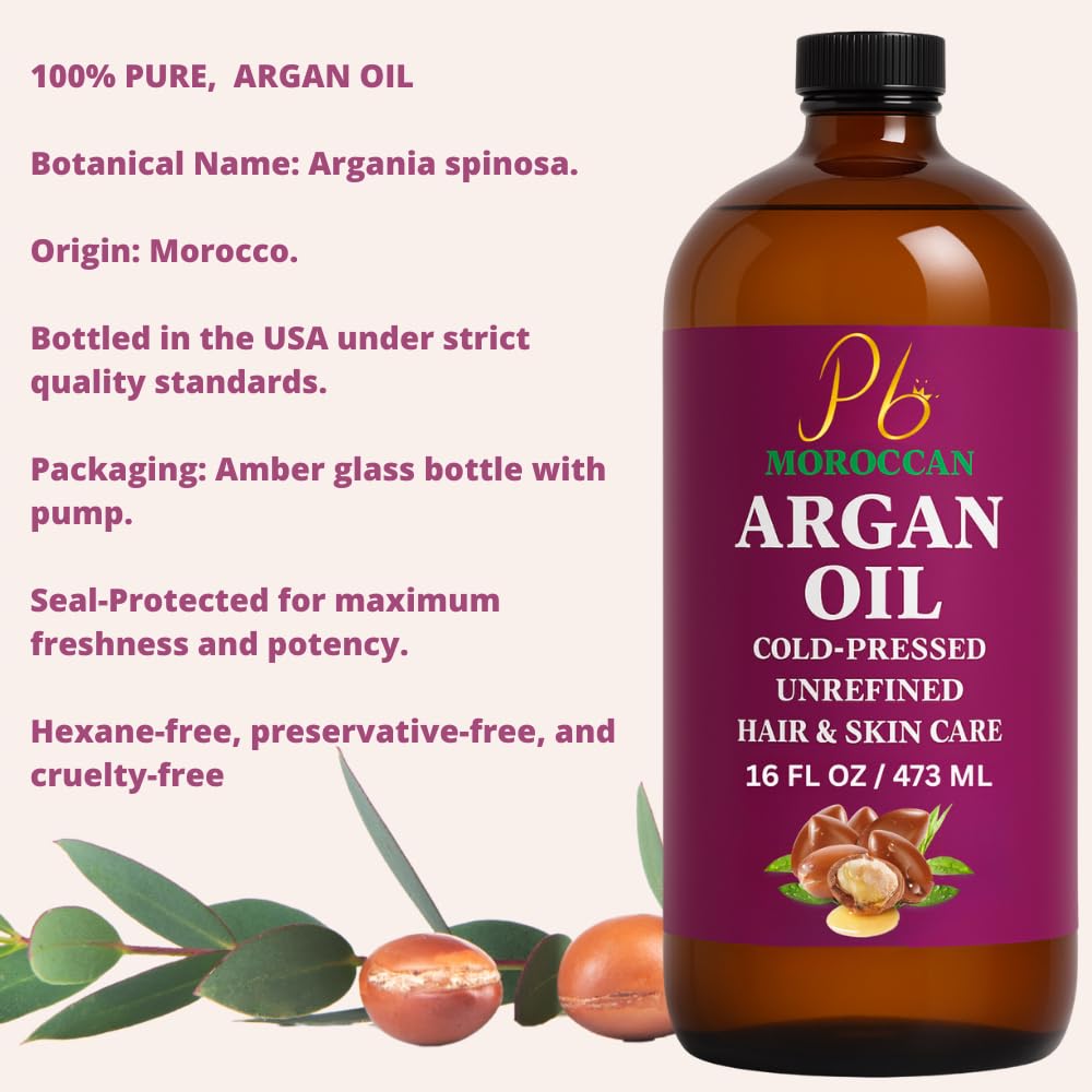 Argan Oil – 16 fl oz Glass Bottle with Pump | Argan Oil for Hair, 100% Pure Moroccan Cold-Pressed & Unrefined | Face & Skin Moisturizer, Nail & Cuticle Care, Carrier & Massage Oil