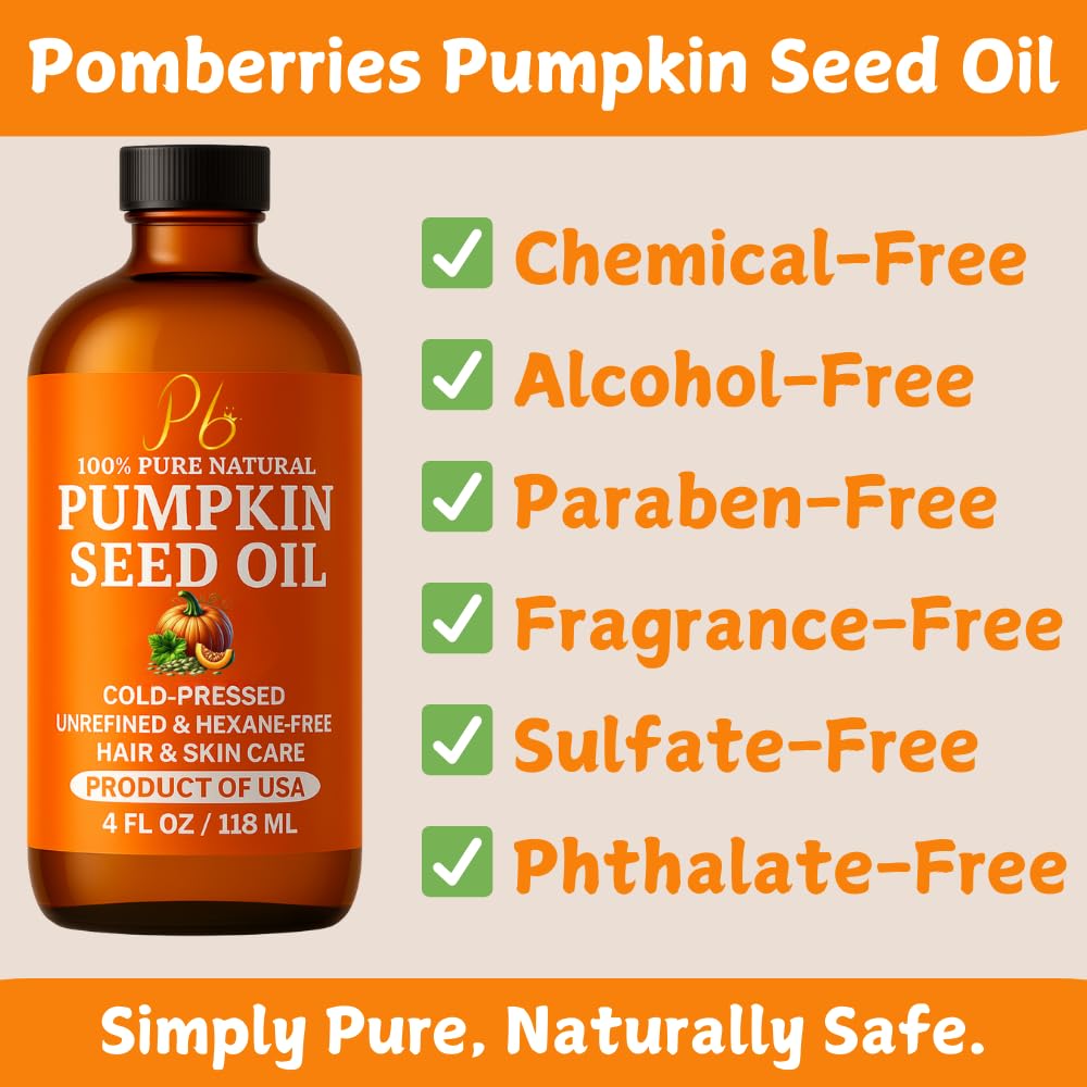 Pumpkin Seed Oil – Cold-Pressed & 100% Pure, Unrefined, Pumpkin Oil for Hair Growth, Dry Skin & Face – Natural Anti-Aging Moisturizer & Hair Oil for Dry, Damaged Hair – Glass Bottle, 4 fl oz