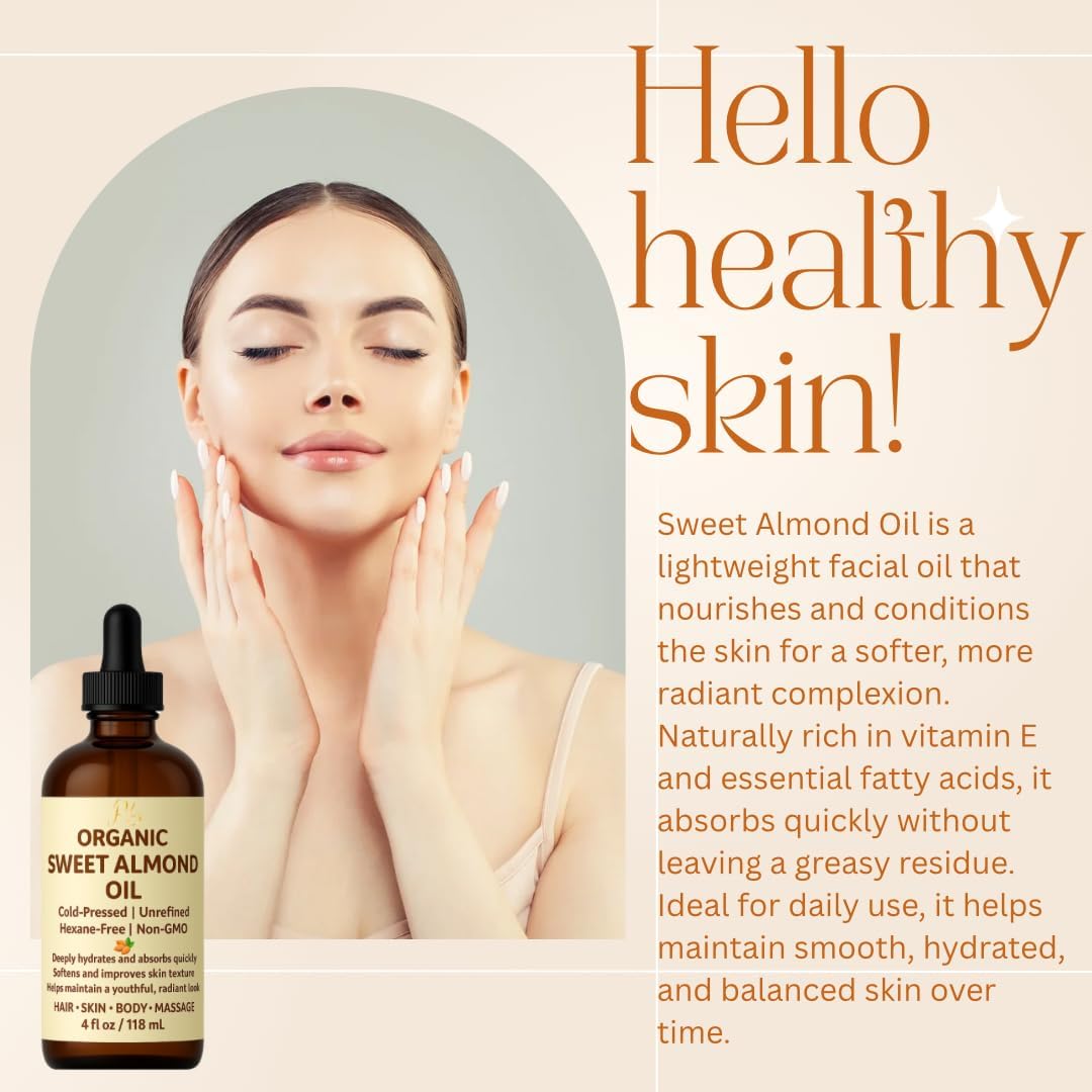 Organic Sweet Almond Oil – 100% Pure, Cold-Pressed & Unrefined | Deeply Hydrating, Lightweight Moisturizer for Face, Body, Hair & Massage – 4 fl oz Amber Glass Bottle