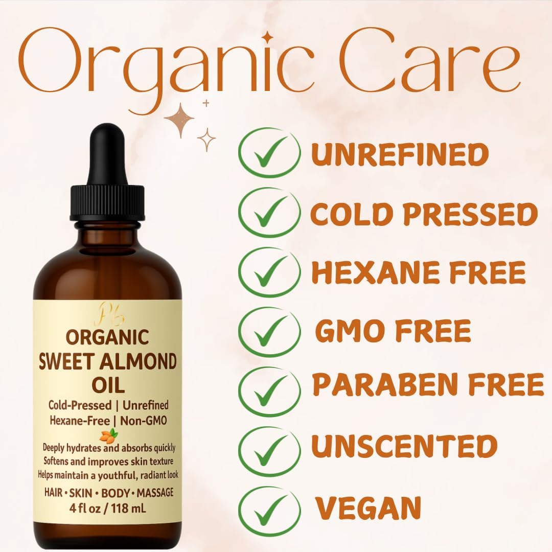Organic Sweet Almond Oil – 100% Pure, Cold-Pressed & Unrefined | Deeply Hydrating, Lightweight Moisturizer for Face, Body, Hair & Massage – 4 fl oz Amber Glass Bottle