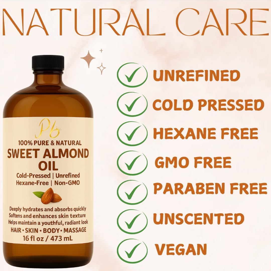 Almond Oil – 16 fl oz Glass Bottle with Pump | 100% Pure, Cold-Pressed, Unrefined & Hexane-Free | Sweet Almond Carrier Oil for Skin, Face & Hair | Natural Moisturizer & Massage Oil