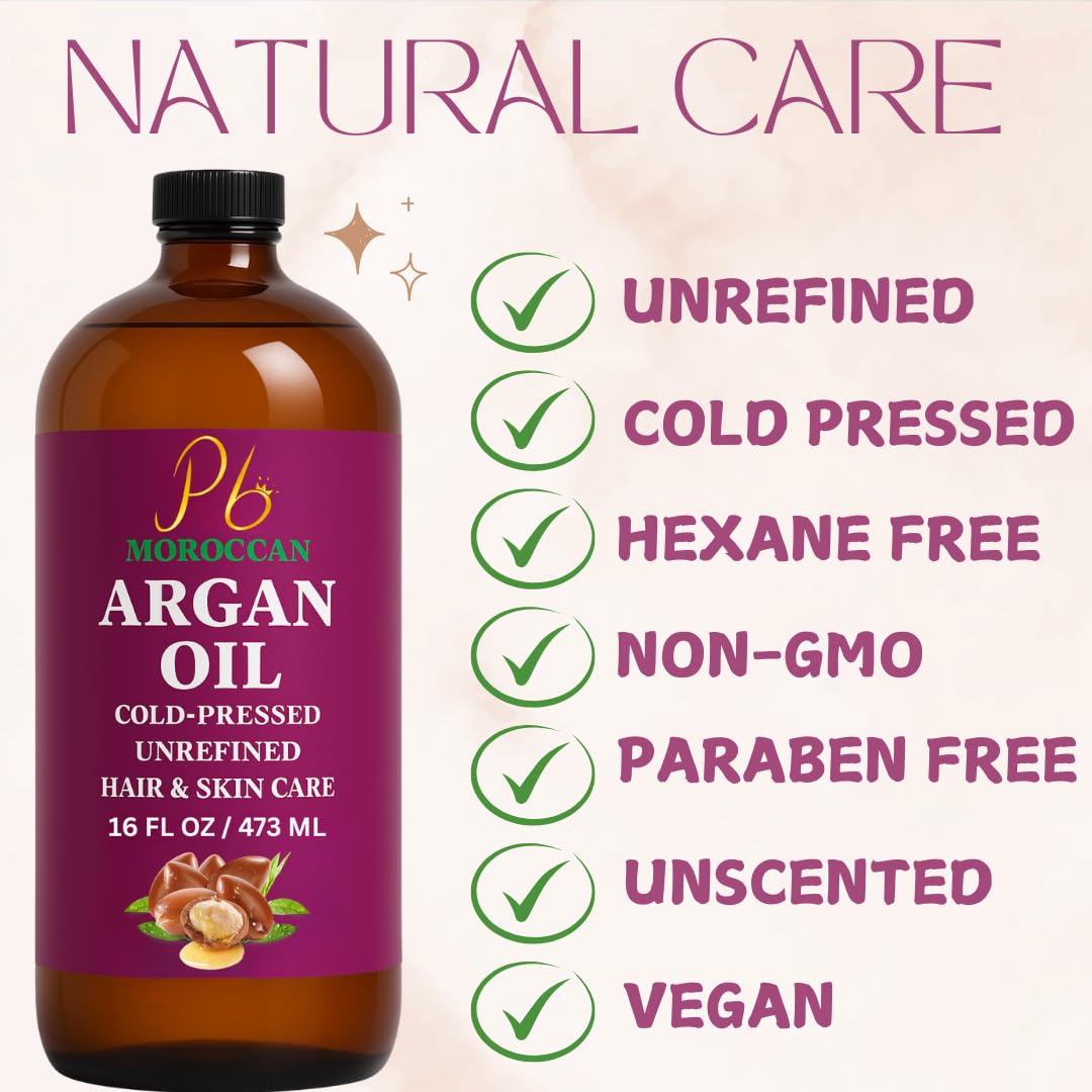 Argan Oil – 16 fl oz Glass Bottle with Pump | Argan Oil for Hair, 100% Pure Moroccan Cold-Pressed & Unrefined | Face & Skin Moisturizer, Nail & Cuticle Care, Carrier & Massage Oil