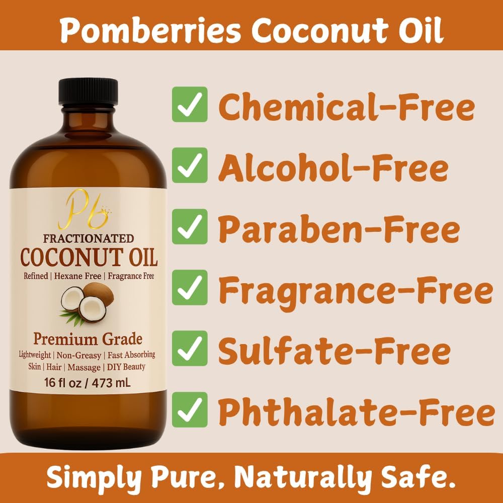 Fractionated Coconut Oil – 16 fl oz Glass Bottle with Pump | 100% Pure & Natural, Lightweight Cold-Pressed Carrier Oil for Skin, Hair & Body | Massage, Aromatherapy & DIY Skincare