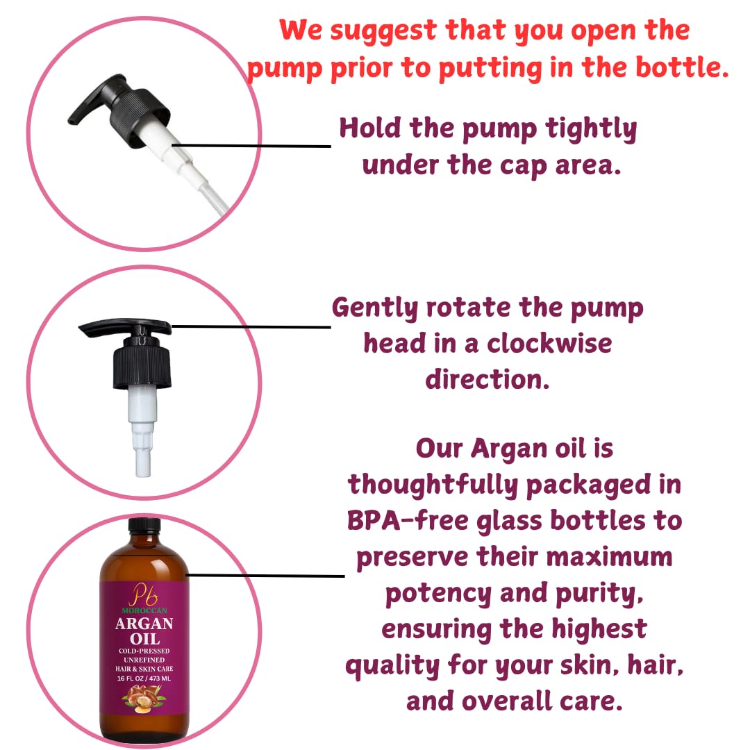 Argan Oil – 16 fl oz Glass Bottle with Pump | Argan Oil for Hair, 100% Pure Moroccan Cold-Pressed & Unrefined | Face & Skin Moisturizer, Nail & Cuticle Care, Carrier & Massage Oil