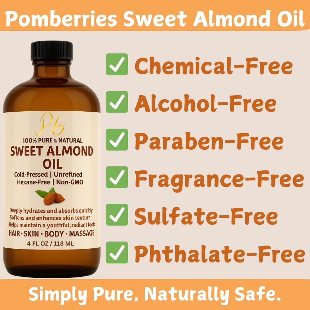 Almond Oil – 4 fl oz | 100% Pure, Cold-Pressed, Unrefined & Hexane-Free | Sweet Almond Carrier Oil for Skin, Face & Hair | Lightweight Moisturizer & Massage Oil for Daily Beauty & Self-Care
