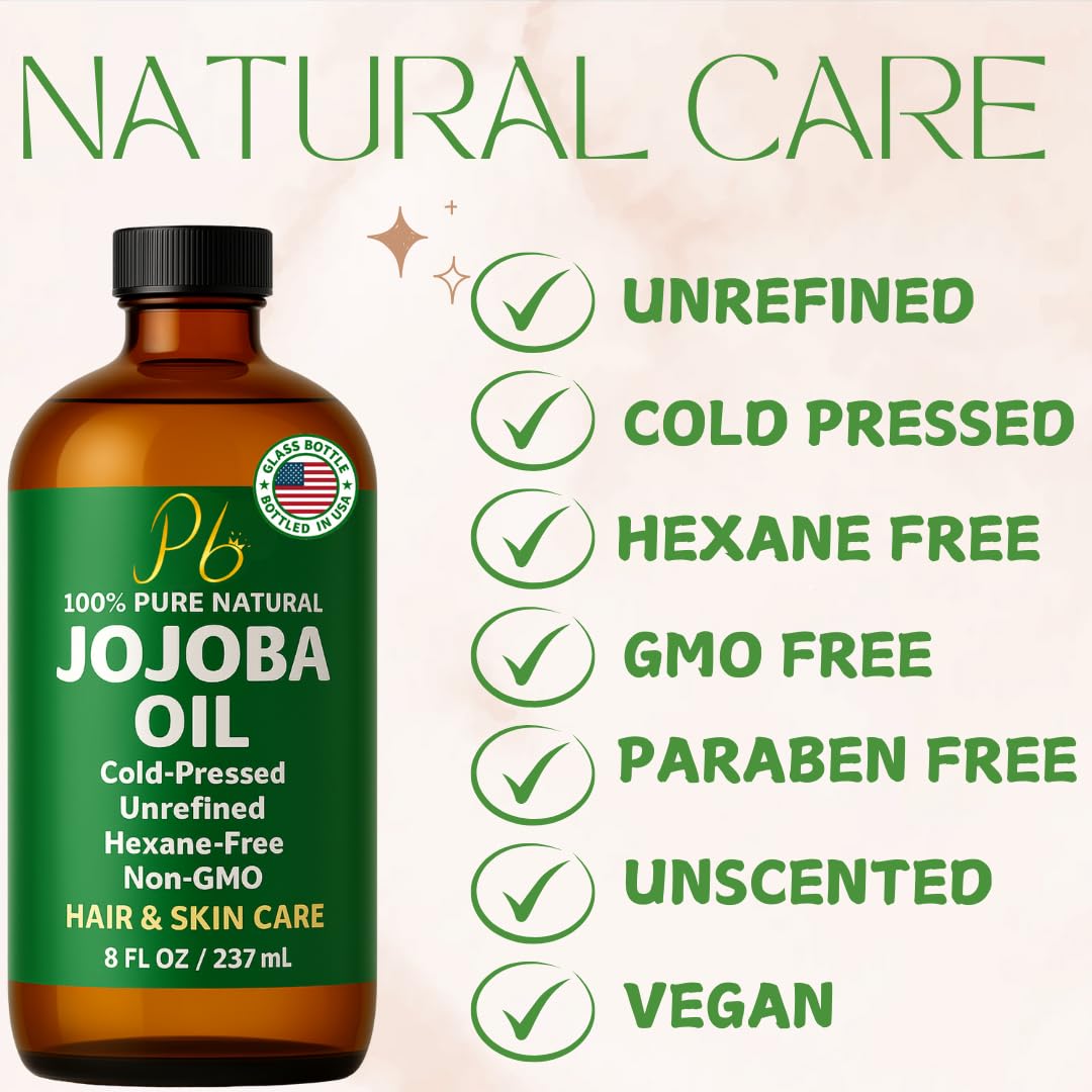 Jojoba Oil – 8 fl oz Glass Bottle – Cold-Pressed, Unrefined & Hexane-Free Jojoba Oil for Hair, Skin & Face – Natural Moisturizer & Lightweight Carrier Oil for Essential Oils, Scalp Care & Massage