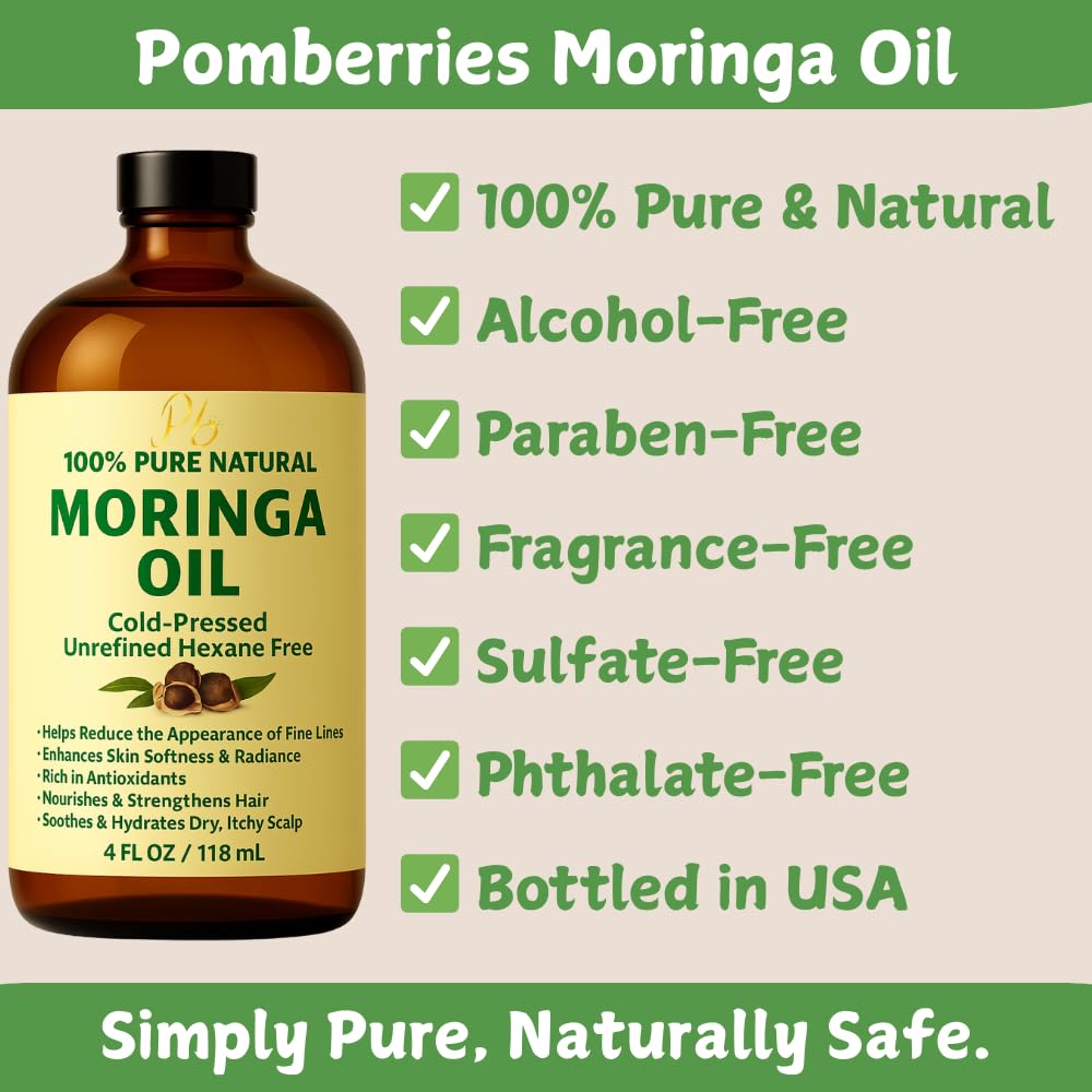 Moringa Oil – 100% Pure, Cold-Pressed & Unrefined – Moringa Seed Oil for Face, Skin, Hair & Body – Hydrating, Anti-Aging Moisturizer – 4 fl oz Amber Glass Bottle
