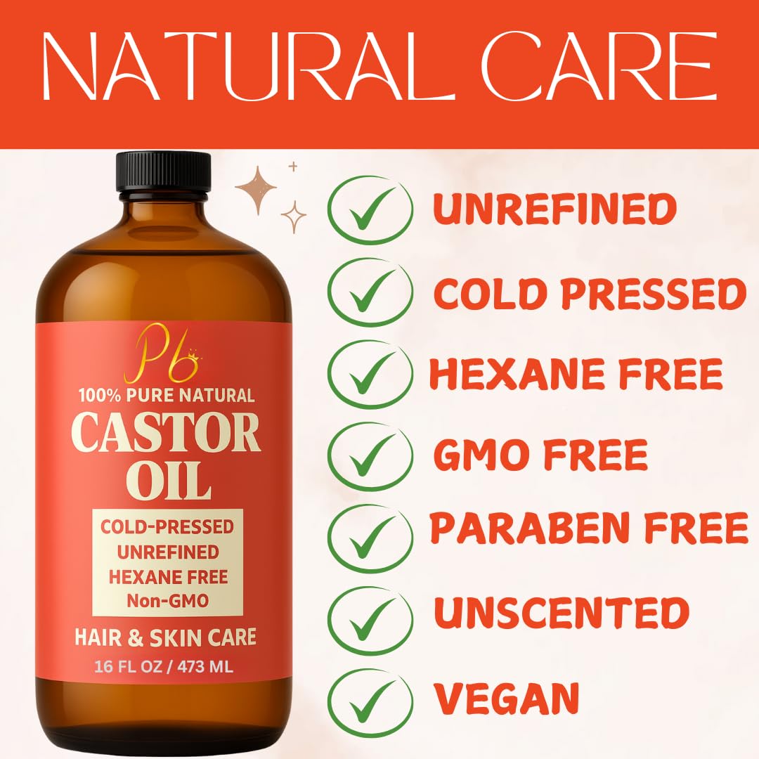 Castor Oil – 16 fl oz Glass Bottle with Pump | 100% Pure, Cold-Pressed, Unrefined, Hair Growth Oil, Eyelash & Eyebrow Serum, Skin & Scalp Moisturizer, Carrier Oil & Castor Oil Pack Wraps