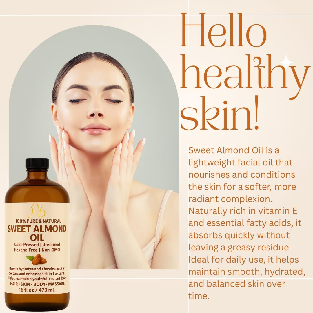 Almond Oil – 16 fl oz Glass Bottle with Pump | 100% Pure, Cold-Pressed, Unrefined & Hexane-Free | Sweet Almond Carrier Oil for Skin, Face & Hair | Natural Moisturizer & Massage Oil