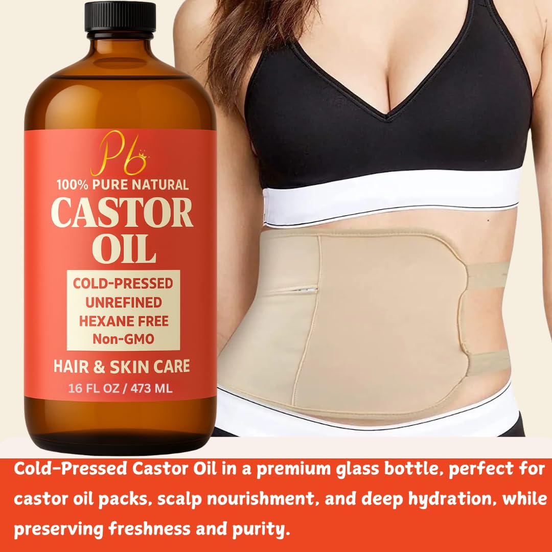 Castor Oil – 16 fl oz Glass Bottle with Pump | 100% Pure, Cold-Pressed, Unrefined, Hair Growth Oil, Eyelash & Eyebrow Serum, Skin & Scalp Moisturizer, Carrier Oil & Castor Oil Pack Wraps