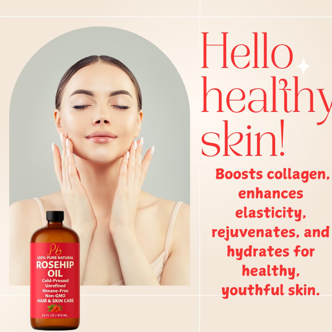 Rosehip Oil – 16 fl oz Glass Bottle with Pump – Cold-Pressed & Unrefined, Rosehip Oil for Face, Skin & Hair – Natural Moisturizer for Scars, Wrinkles, Stretch Marks & Gua Sha Massage