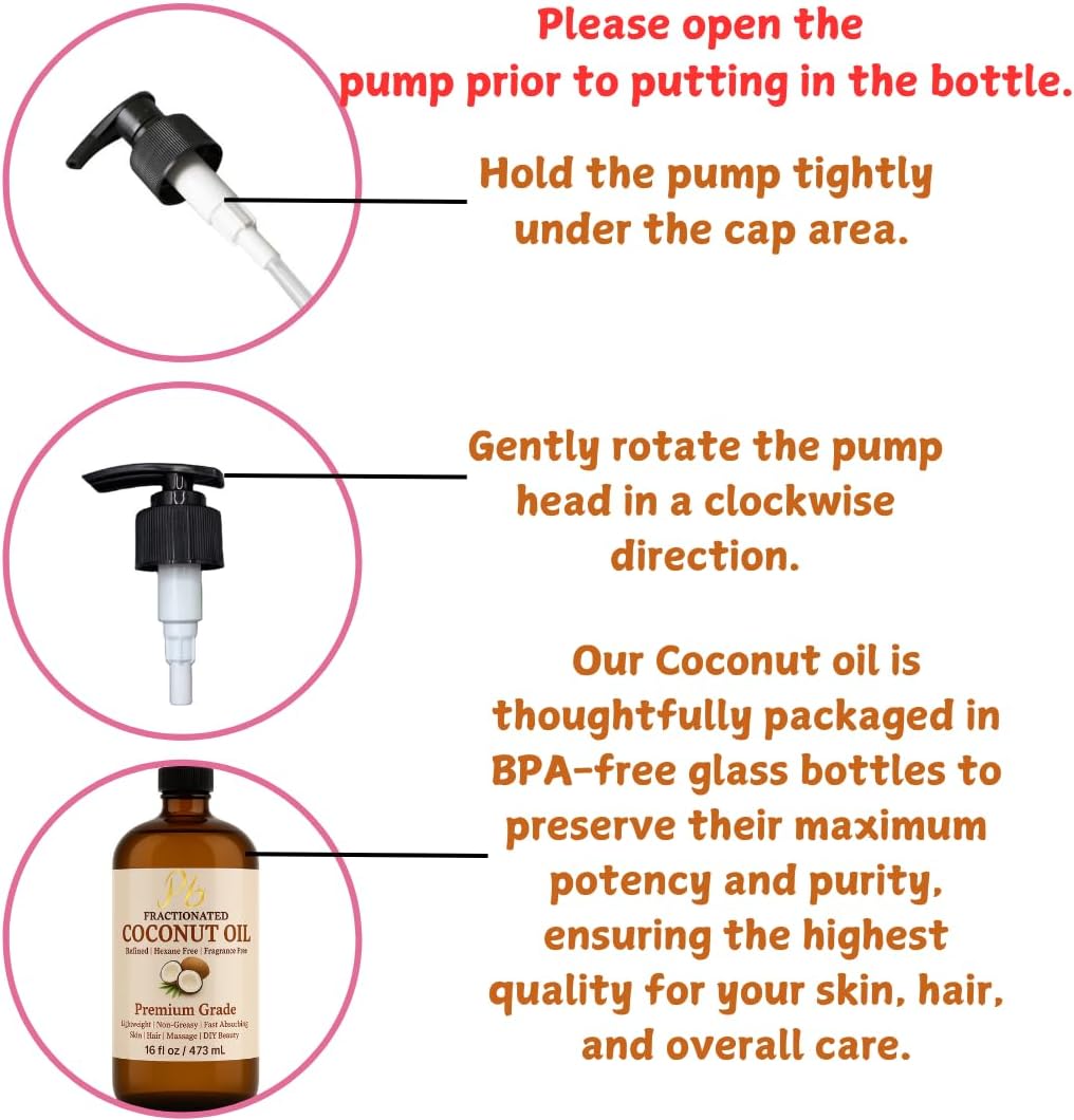 Fractionated Coconut Oil – 16 fl oz Glass Bottle with Pump | 100% Pure & Natural, Lightweight Cold-Pressed Carrier Oil for Skin, Hair & Body | Massage, Aromatherapy & DIY Skincare