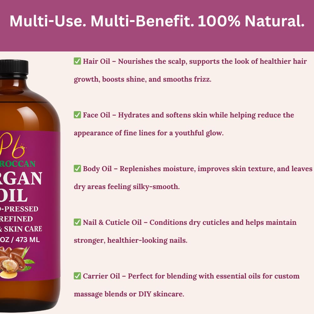 Argan Oil – 16 fl oz Glass Bottle with Pump | Argan Oil for Hair, 100% Pure Moroccan Cold-Pressed & Unrefined | Face & Skin Moisturizer, Nail & Cuticle Care, Carrier & Massage Oil