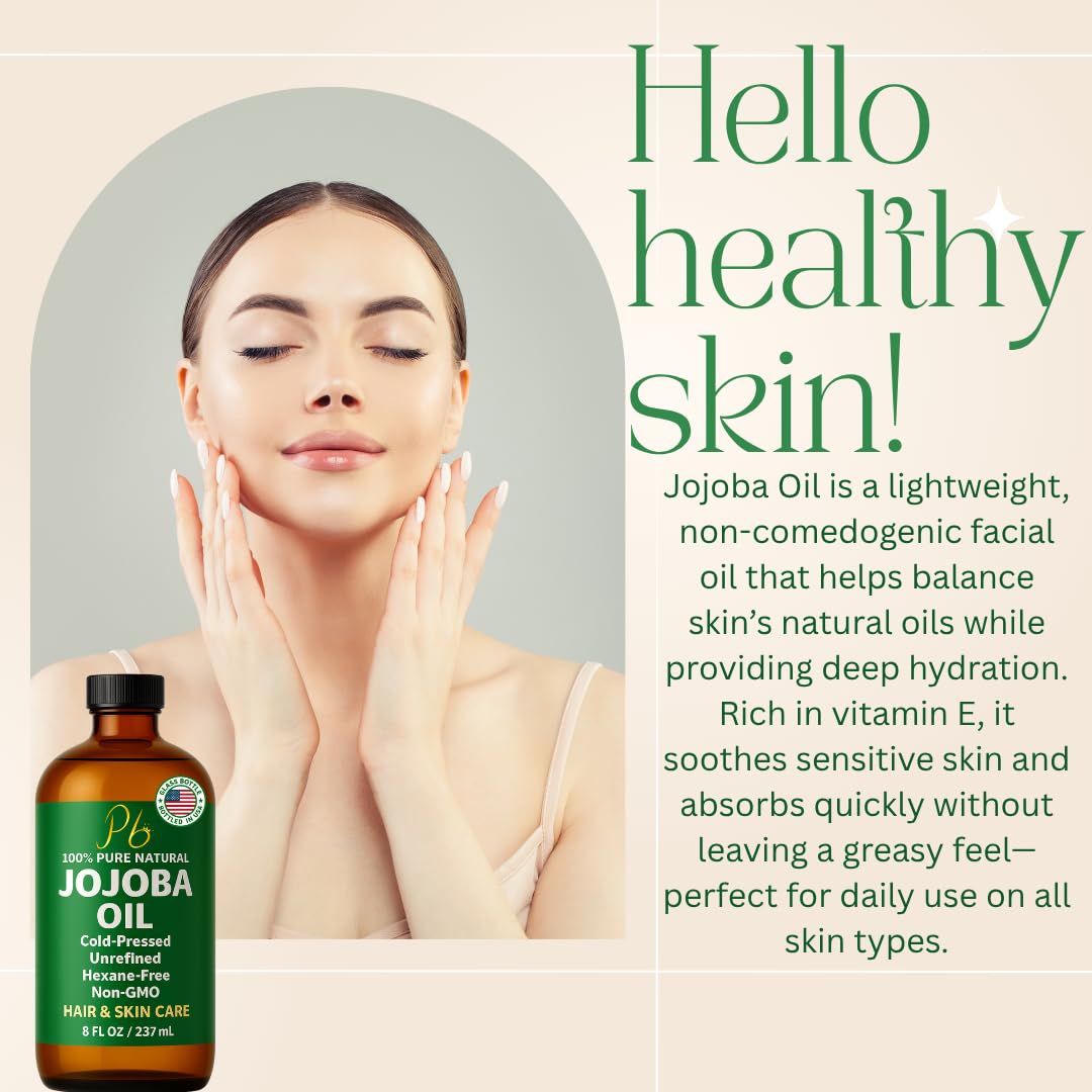 Jojoba Oil – 8 fl oz Glass Bottle – Cold-Pressed, Unrefined & Hexane-Free Jojoba Oil for Hair, Skin & Face – Natural Moisturizer & Lightweight Carrier Oil for Essential Oils, Scalp Care & Massage