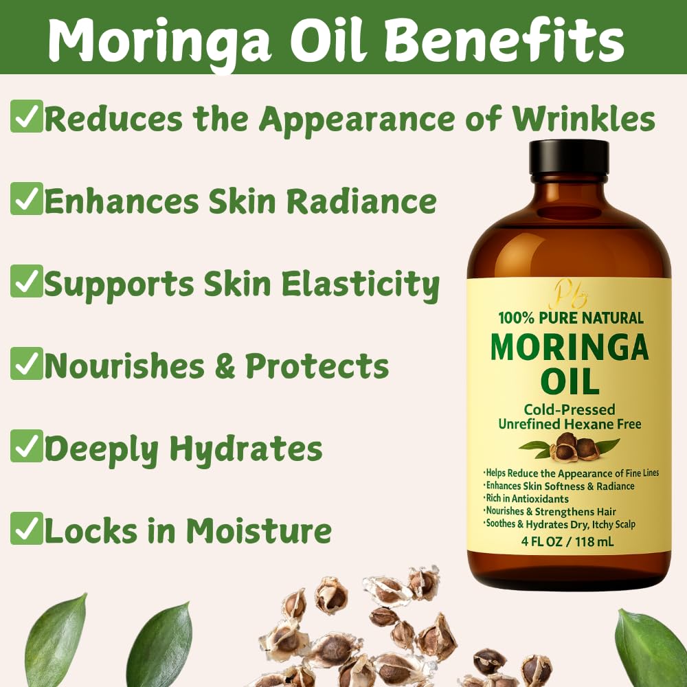 Moringa Oil – 100% Pure, Cold-Pressed & Unrefined – Moringa Seed Oil for Face, Skin, Hair & Body – Hydrating, Anti-Aging Moisturizer – 4 fl oz Amber Glass Bottle
