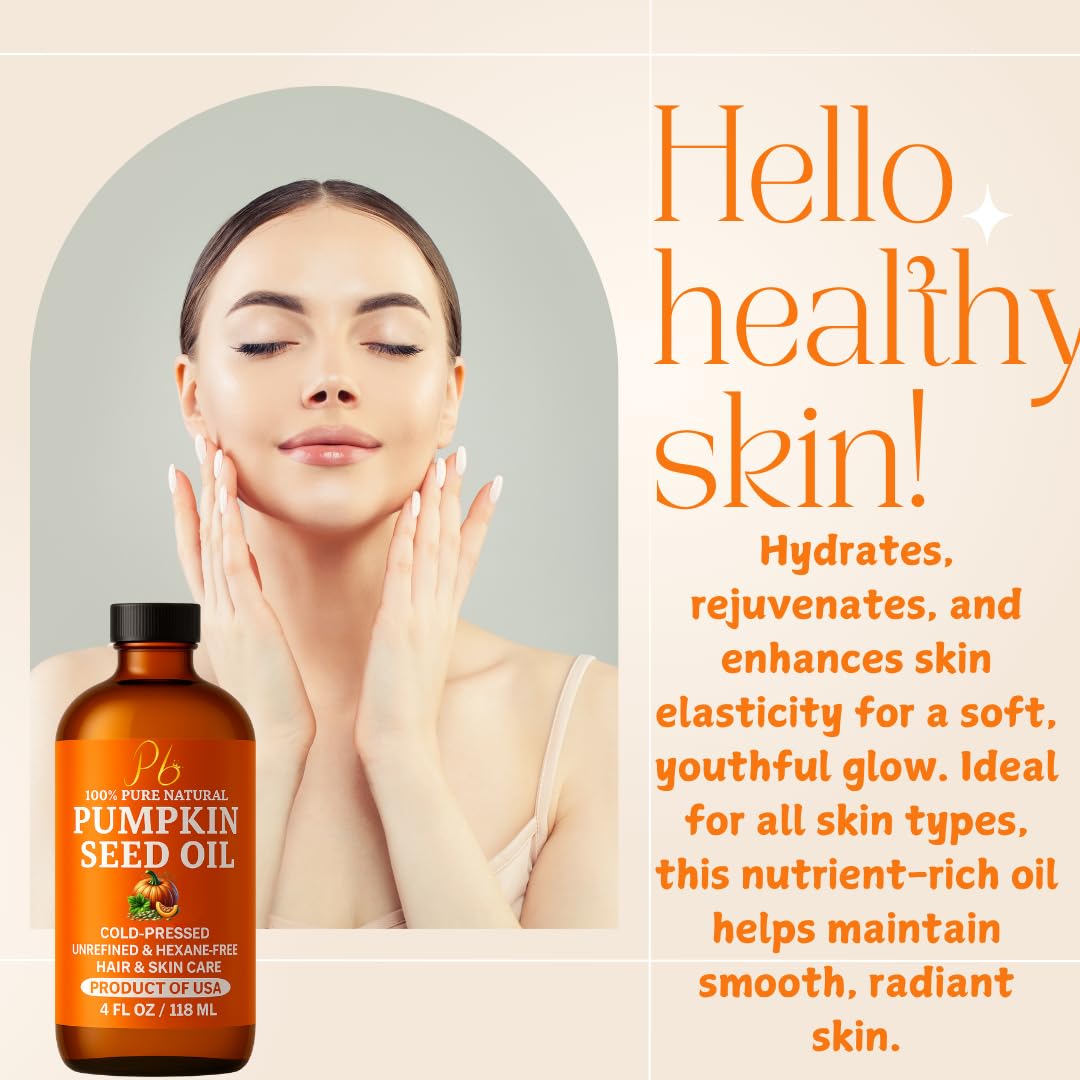 Pumpkin Seed Oil – Cold-Pressed & 100% Pure, Unrefined, Pumpkin Oil for Hair Growth, Dry Skin & Face – Natural Anti-Aging Moisturizer & Hair Oil for Dry, Damaged Hair – Glass Bottle, 4 fl oz