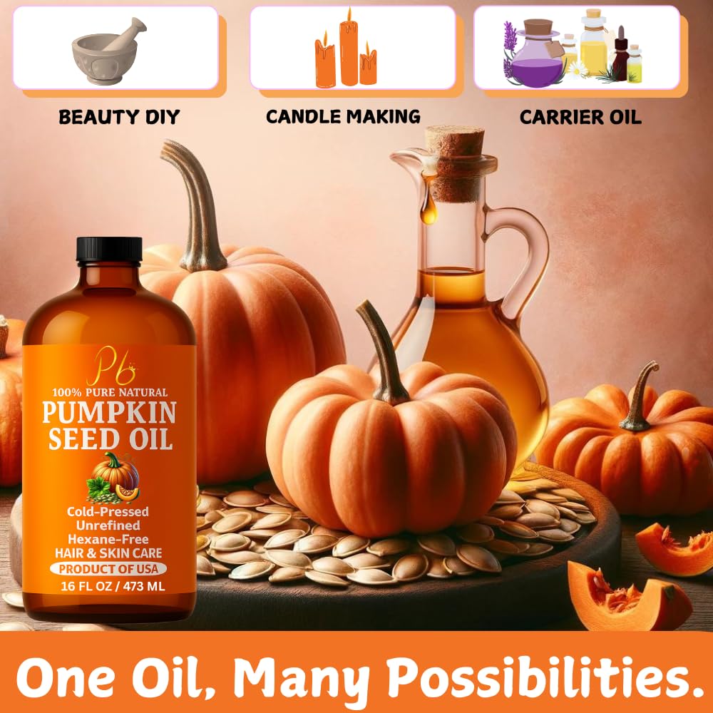 Pumpkin Seed Oil – Cold-Pressed & 100% Pure, Unrefined Pumpkin Oil for Hair Growth, Dry Skin & Face – Natural Anti-Aging Moisturizer & Hair Oil for Dry, Damaged Hair – Glass Bottle with Pump, 16 fl oz