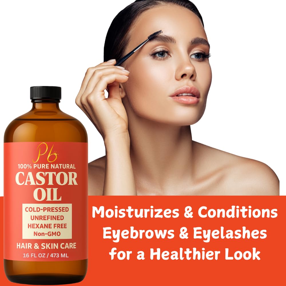 Castor Oil – 16 fl oz Glass Bottle with Pump | 100% Pure, Cold-Pressed, Unrefined, Hair Growth Oil, Eyelash & Eyebrow Serum, Skin & Scalp Moisturizer, Carrier Oil & Castor Oil Pack Wraps