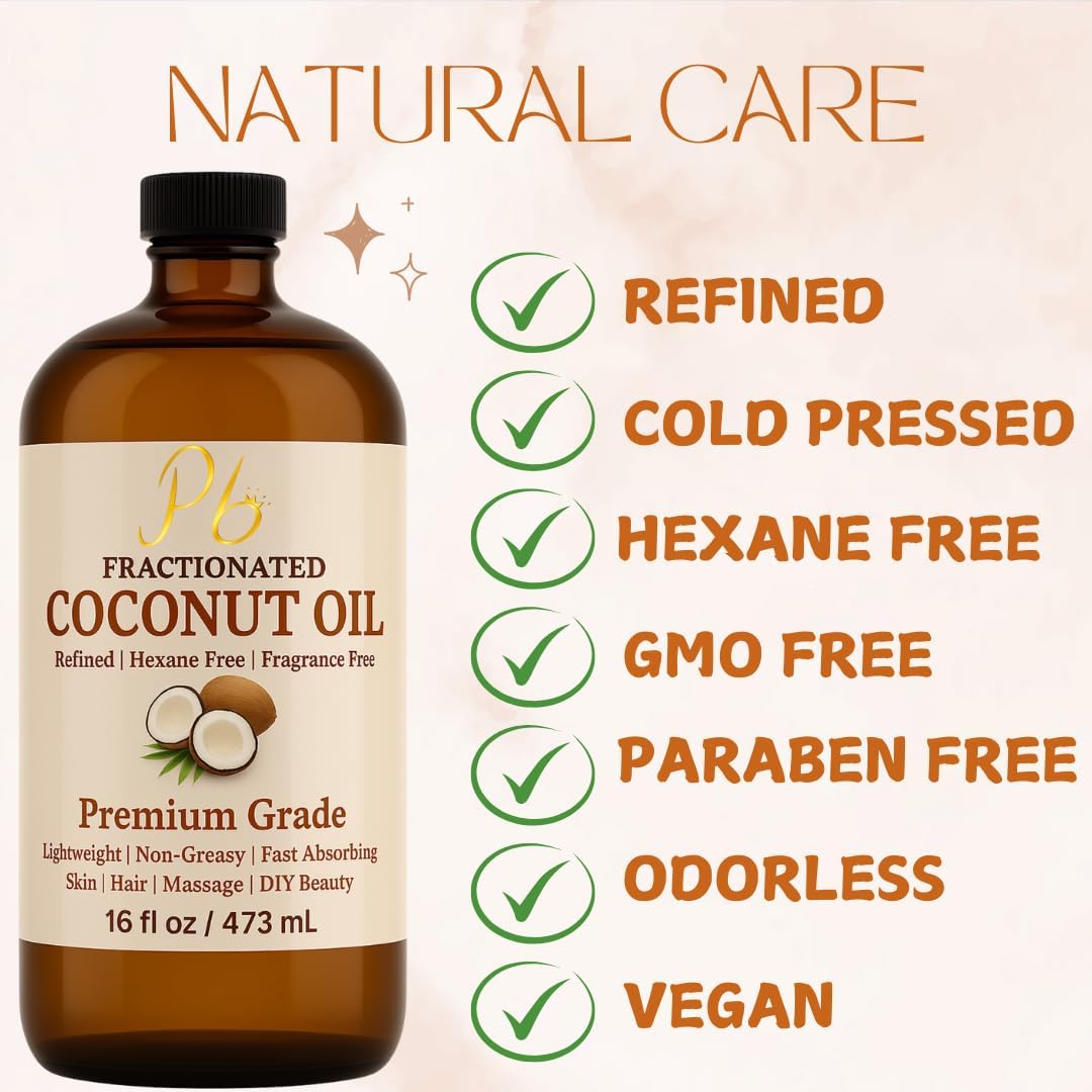 Fractionated Coconut Oil – 16 fl oz Glass Bottle with Pump | 100% Pure & Natural, Lightweight Cold-Pressed Carrier Oil for Skin, Hair & Body | Massage, Aromatherapy & DIY Skincare