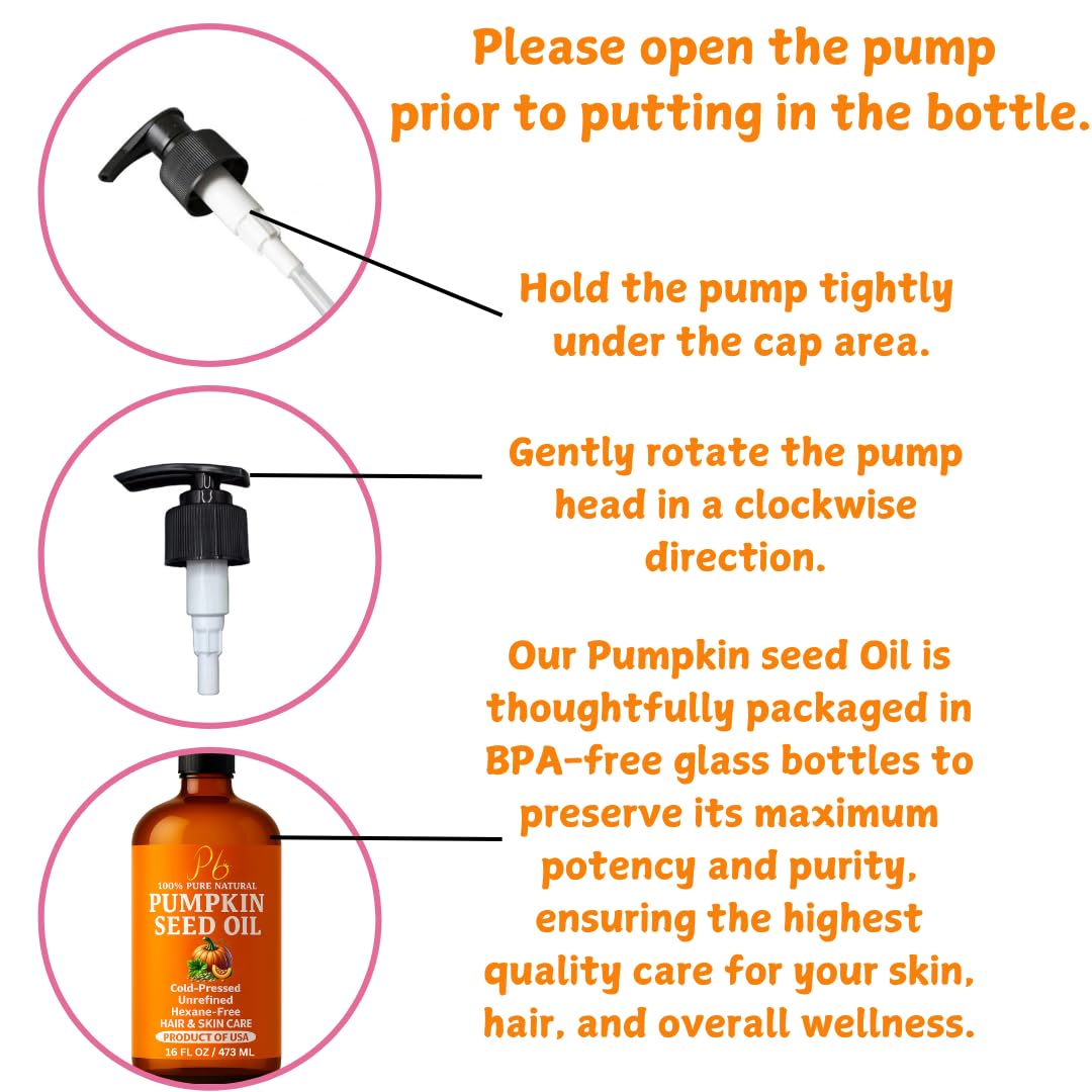 Pumpkin Seed Oil – Cold-Pressed & 100% Pure, Unrefined Pumpkin Oil for Hair Growth, Dry Skin & Face – Natural Anti-Aging Moisturizer & Hair Oil for Dry, Damaged Hair – Glass Bottle with Pump, 16 fl oz