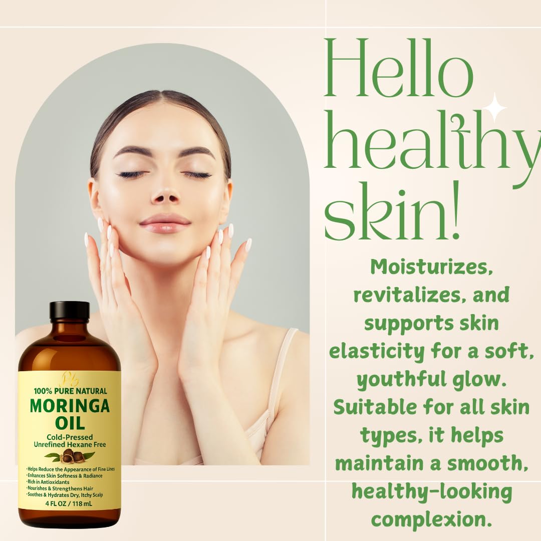Moringa Oil – 100% Pure, Cold-Pressed & Unrefined – Moringa Seed Oil for Face, Skin, Hair & Body – Hydrating, Anti-Aging Moisturizer – 4 fl oz Amber Glass Bottle
