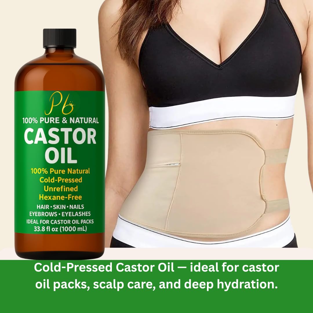 Castor Oil – Bulk Size 33.8 fl oz (1 Liter), 100% Pure, Cold-Pressed, Unrefined & Hexane-Free | Hair Growth Oil, Eyelash & Eyebrow Serum, Skin & Scalp Moisturizer, Carrier Oil, Castor Oil Pack Wrap