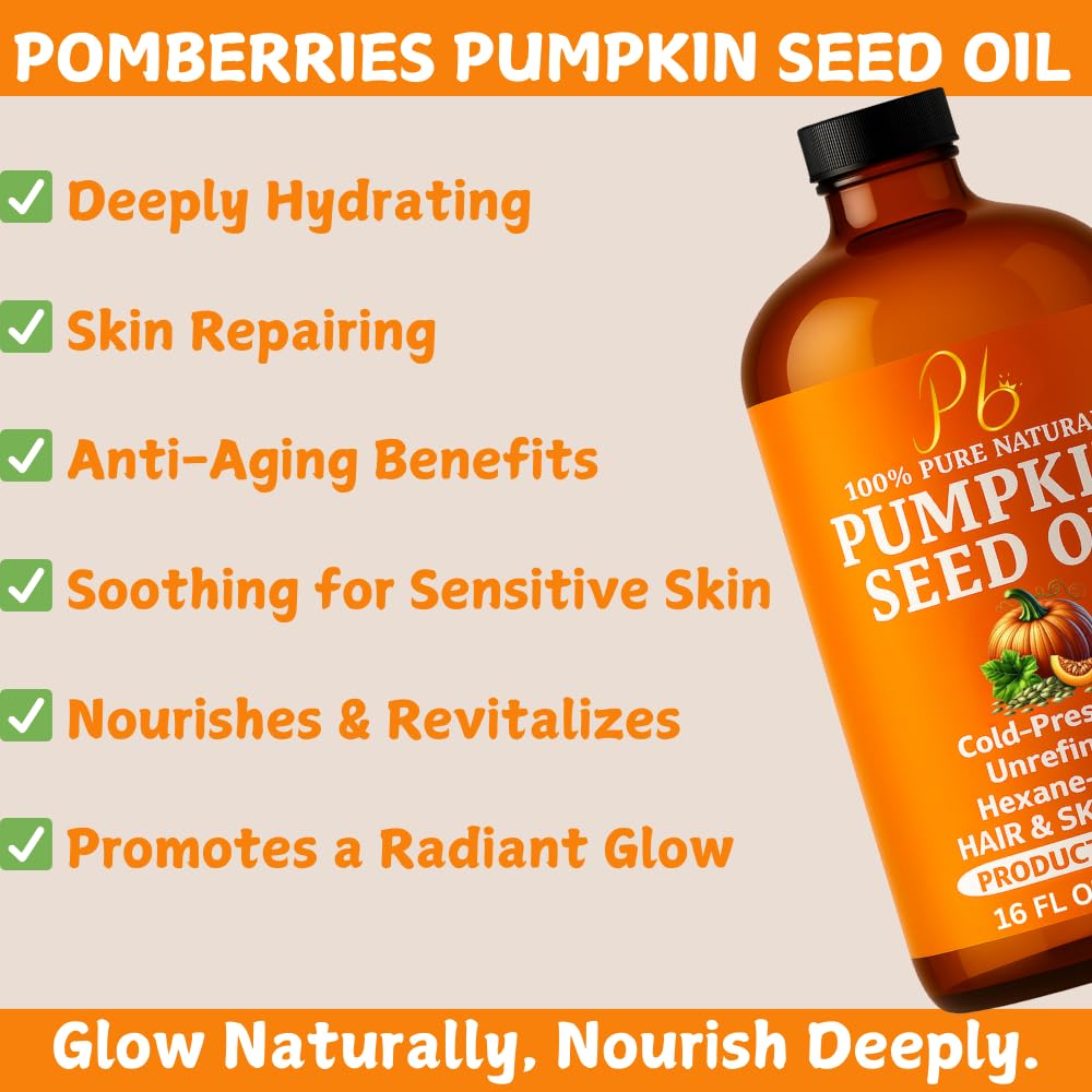 Pumpkin Seed Oil – Cold-Pressed & 100% Pure, Unrefined Pumpkin Oil for Hair Growth, Dry Skin & Face – Natural Anti-Aging Moisturizer & Hair Oil for Dry, Damaged Hair – Glass Bottle with Pump, 16 fl oz