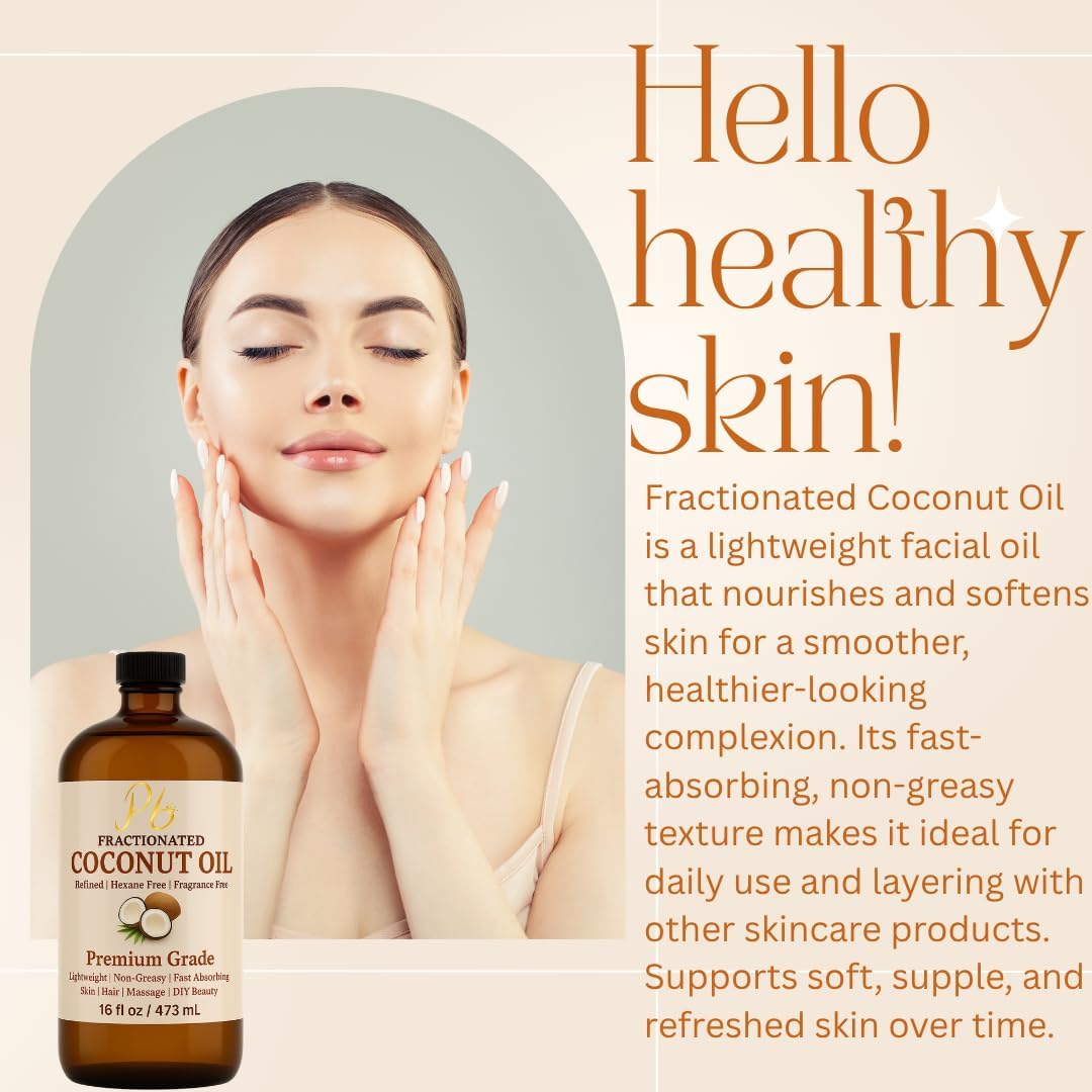 Fractionated Coconut Oil – 16 fl oz Glass Bottle with Pump | 100% Pure & Natural, Lightweight Cold-Pressed Carrier Oil for Skin, Hair & Body | Massage, Aromatherapy & DIY Skincare