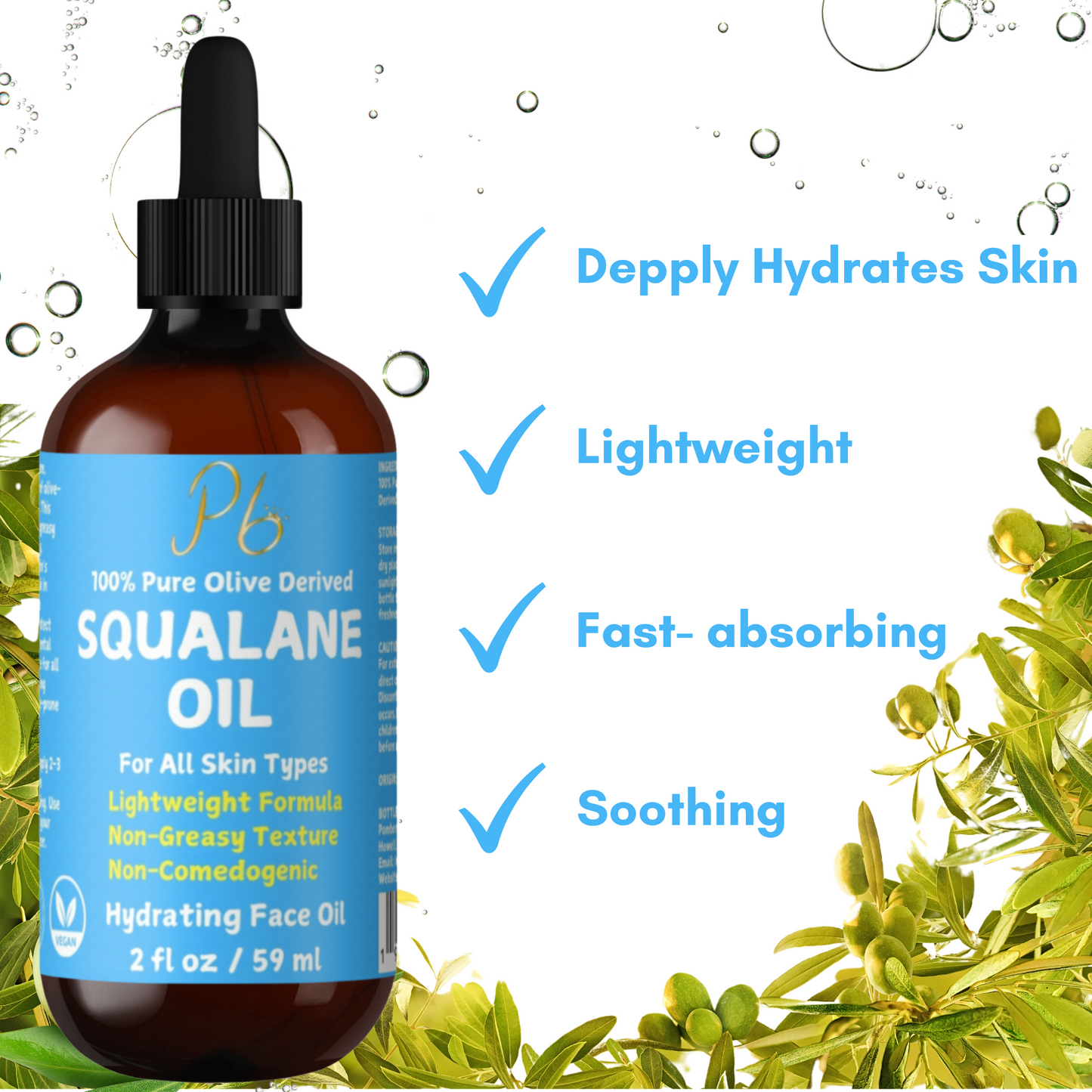 Squalane Oil Derived from Organic Olives, Moisturizer for Face, Skin & Hair, Face Oil, Anti-Aging, Plumping, Firming, Natural Body Oil, Squalne Oil for Face, Vegan 2 fl oz ( MADE IN USA )
