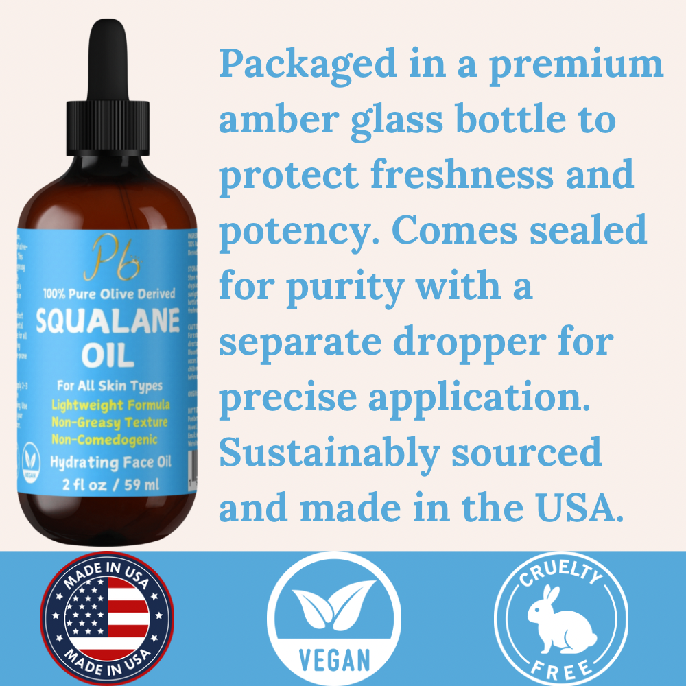 Squalane Oil Derived from Organic Olives, Moisturizer for Face, Skin & Hair, Face Oil, Anti-Aging, Plumping, Firming, Natural Body Oil, Squalne Oil for Face, Vegan 2 fl oz ( MADE IN USA )