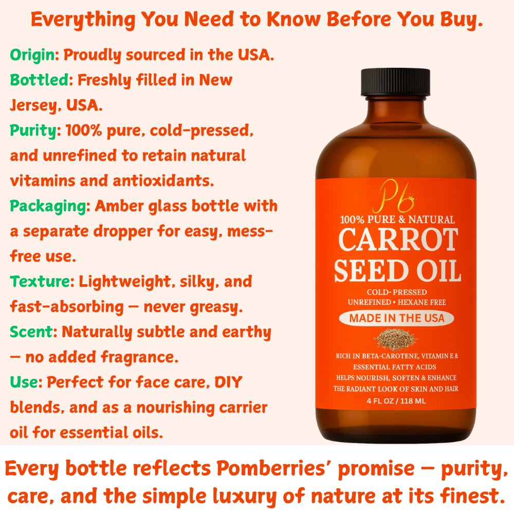 Pomberries Carrot Seed Oil – 100% Pure Cold-Pressed Carrier Oil for Face, Hair & Skin – Hexane-Free Natural Moisturizer, 4 fl oz Glass Bottle, Made in USA